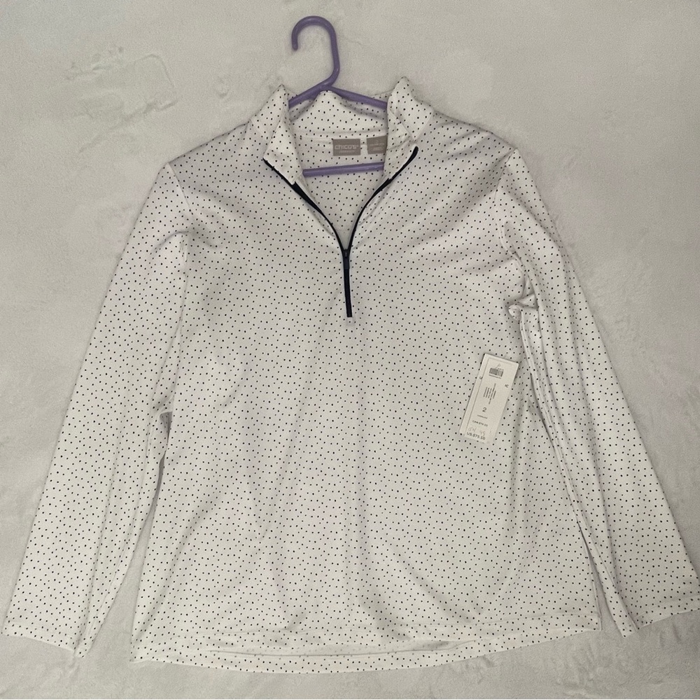 Chico's White and Black Polka Dot 3/4 Zip Top